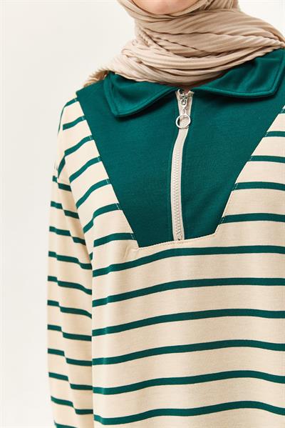 Fermuarlı Çizgili Gömlek Yaka Takım Yeşil