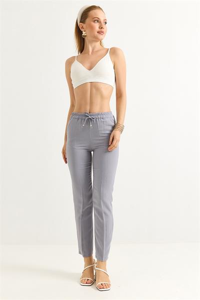 Beli Lastikli Çizgi Desenli Krep Pantolon Gri