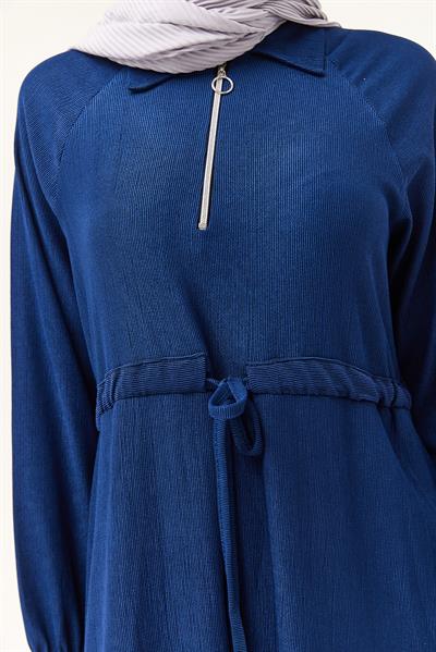 Gömlek Yaka Bel Tünelli Bürümcük Elbise Lacivert
