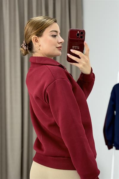 Kadın Bordo Yarım Fermuarlı Üç İplik Sweat 
