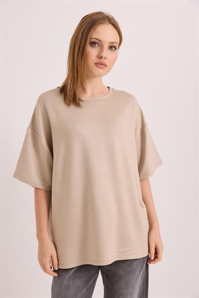 Oversize Yumuşak Dokulu Salaş T-Shirt Vizon