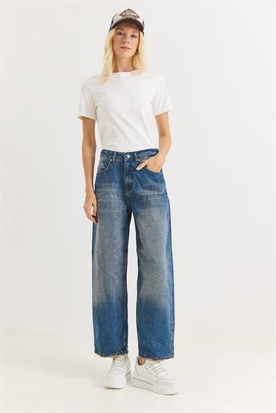 Kadın Bol Kesik Paça Şık Kot Pantalon  Mavi