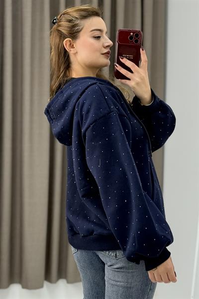 Kadın Taş Detaylı Kapüşonlu 3 İplik Fermuarlı Sweatshirt Lacivert
