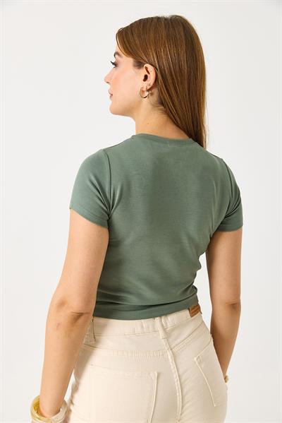 Kadın Kalp Nakış ve Taş Detaylı Crop Bluz Yeşil