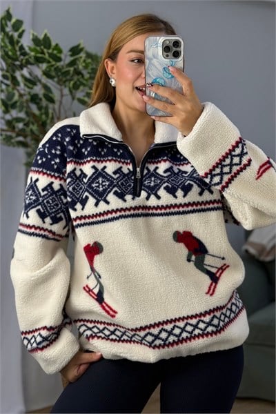 Kadın Desenli Dik Yaka Yarım Fermuarlı Polar Swearshirt Lacivert