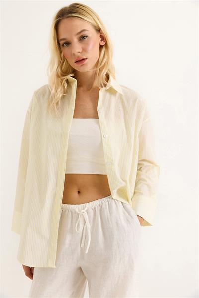 Çizgi Desenli  Rahat Kesim Kadın Gömlek  Sarı