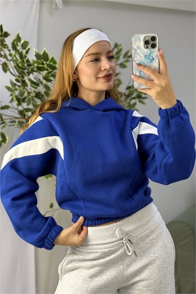 Kadın Beli Lastikli Şerit Detaylı Kapüşonlu Sweat Mavi