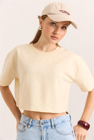 Bisiklet Yaka Havalı Crop İki İp Tshirt  Bej