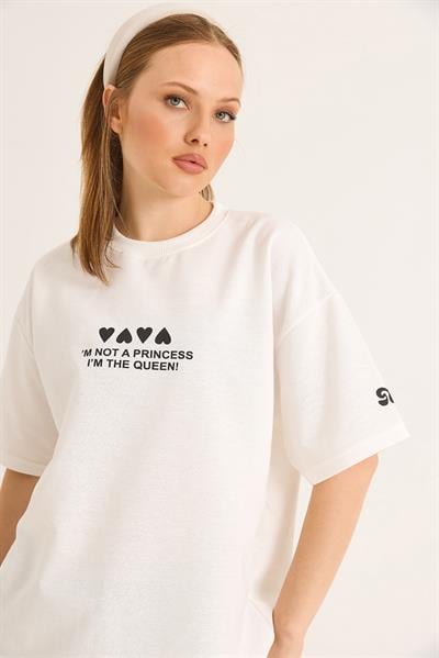 Bisiklet Yaka Baskılı Oversize Tshirt Beyaz