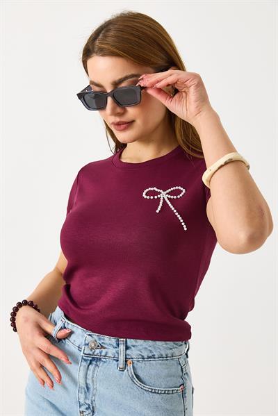 Kadın İnci Fiyonklu Bisiklet Yaka Crop Bluz Bordo