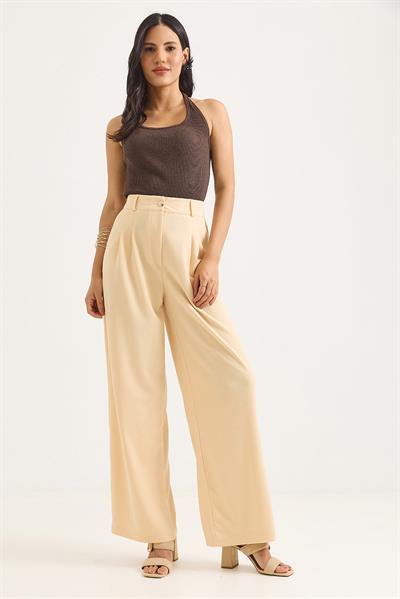 Yüksek Bel Bol Paça Pantalon Bej