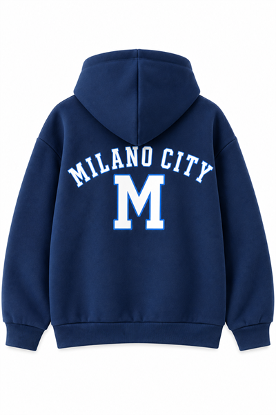 Kadın Milano City Baskılı Fermuarlı Kapüşonlu Oversize Sweatshirt Lacivert