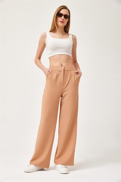 Yüksek Bel Cepli Palazzo Pantolon Vizon