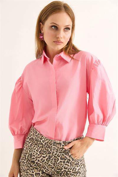 Balon Kol Bol Kesin Kadın Gömlek Pembe