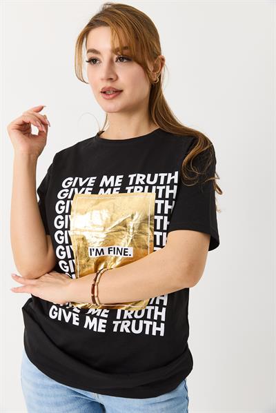 Kadın Dokulu I M Fıne Yazılı Bisiklet Yaka Tshirt Siyah