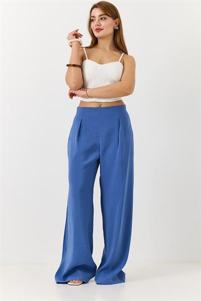 Kadın Beli Lastikli Yandan Fermuarlı Salaş Kesim Mevsimlik Pantolon Mavi