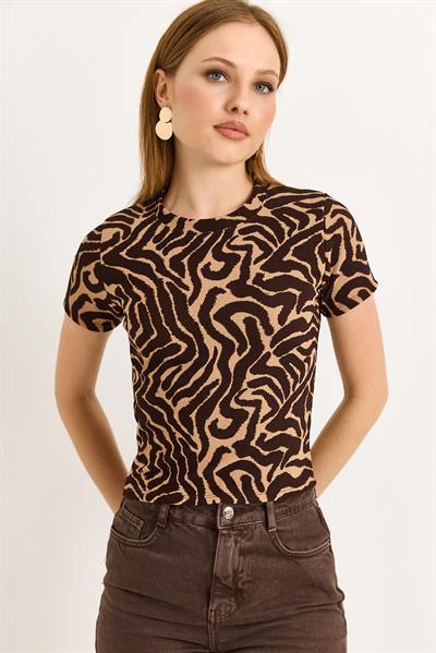 Zebra Desen Fitilli Örme Kumaş Kahverengi Bluz