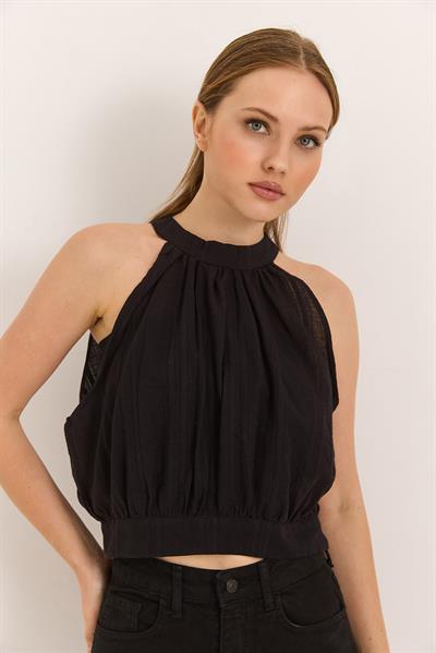 Halter Yakak Sırt Dekolteli Kuşaklı Dokuma Keten Bluz Siyah