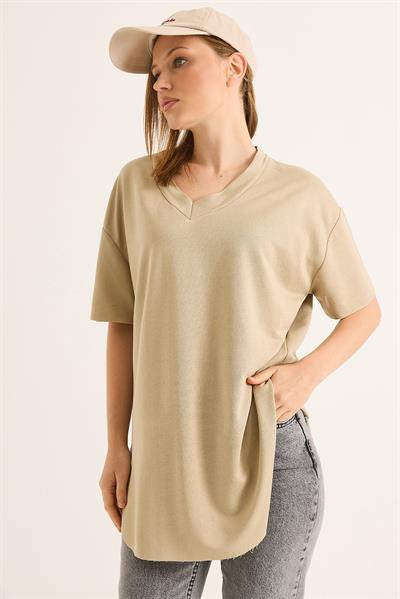 V Yaka Arkası Uzun Basic Tshirt Vizon