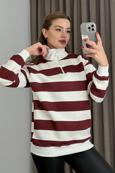 Kadın Balıkçı Yaka Çizgili Üç İplik İçi Şardonlu Kışlık Sweatshırt Bordo