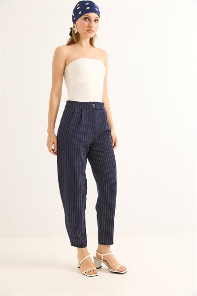 Kemeri Çift Düğmeli Çizgili Palazzo Pantolon Lacivert