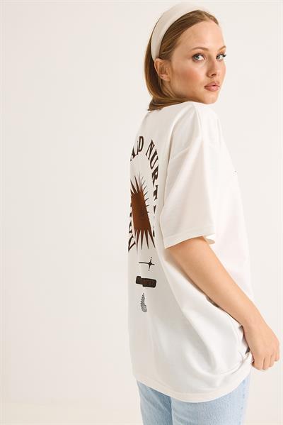 Bisiklet Yaka Kısa Kol Baskılı Tshirt Beyaz