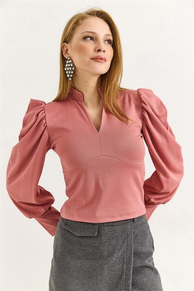 Kadın Hakim Yaka Prenses Kol Örme Bluz Pudra