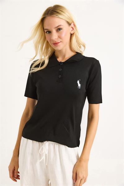 Nakışlı Polo Yaka Düğme Detaylı Triko Tshirt	Siyah