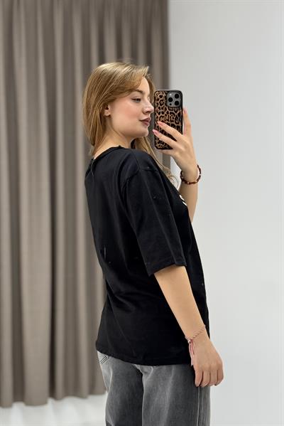 Kadın Yazı Baskılı Bisiklet Yaka Tshirt Siyah