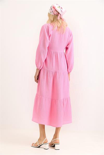 Müslin Midi Boy Düğmeli Pembe Elbise