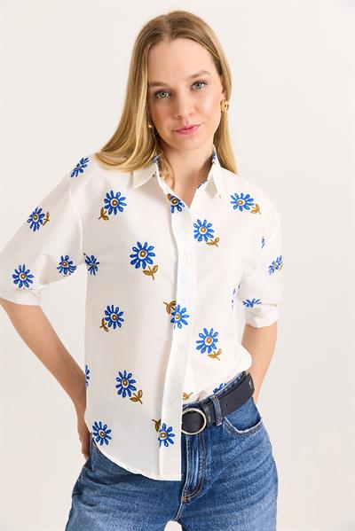 Balon Kol Desenli Kadın Gömlek Mavi Beyaz