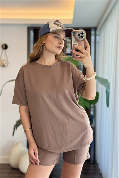 Kadın  Şortlu Çımalı  Kısa Kollu Takım Kahverengi