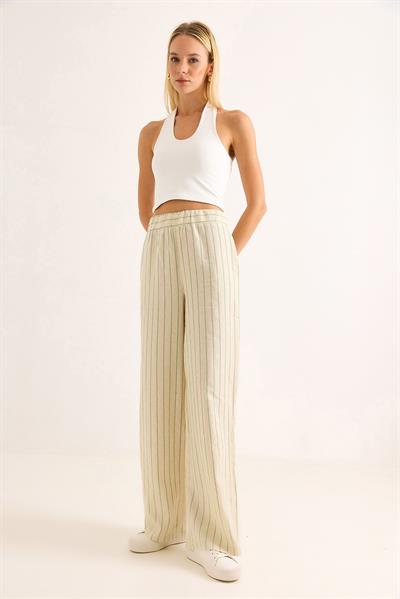 Çizgi Desenli Bol Paçalı Keten Pantolon YEşil