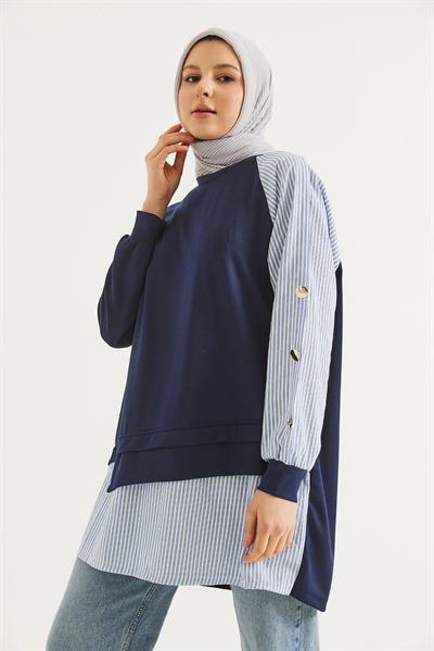Kolu Ve Eteği Gömlek Garnili Tunik  Lacivert