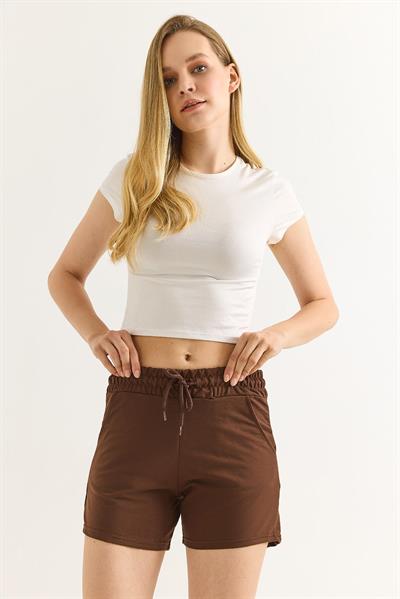 Beli Lastikli Fit Kadın Şort Kahverengi