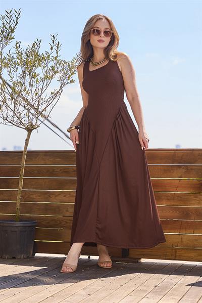Bel Büzglü Kalın Askılı Elbise Kahverengi