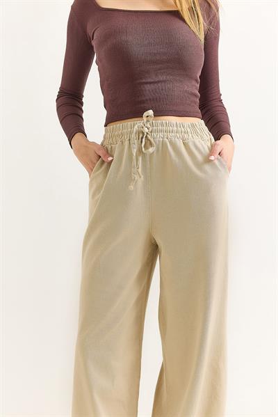 Kadın Pantalon Geniş Paça Bağcıklı  Pantalon Bej
