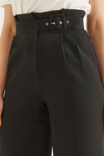 Yüksek Bel  Kemerli Bol Paça Pantolon Siyah