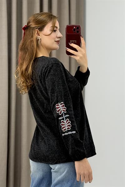 Kadın Antrasit Triko Etnik Çiçek Nakışlı Kazak