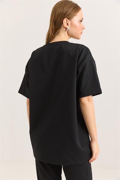 Duck Nakışlı Oversize İki İplik Tshirt Siyah
