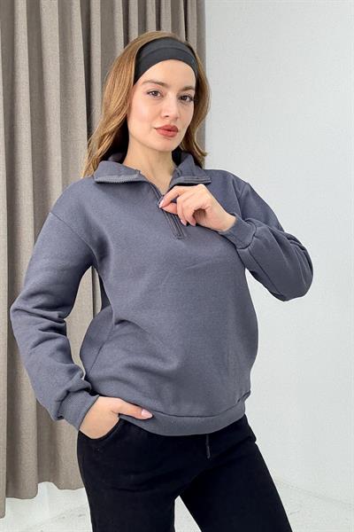 Kadın Antrasit Yarım Fermuarlı Üç İplik Sweat 