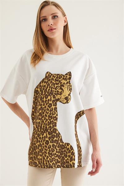 Baskılı Oversize Kısa Kol Tshirt Beyaz