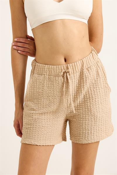 Gofre Kumaş Bel Lastikli Kadın Şort Vizon