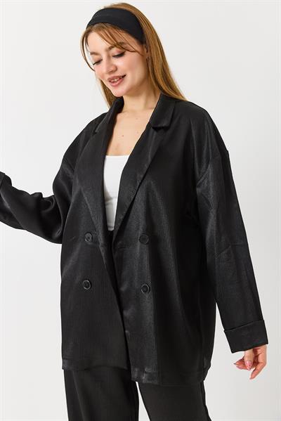Kadın  Kruvaze Yaka Saten Oversize Blazer Ceket Siyah
