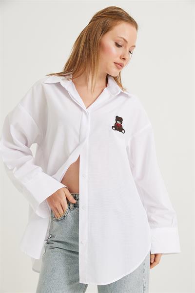 Ayıcık Nakışlı Oversize Basic Gömlek Beyaz