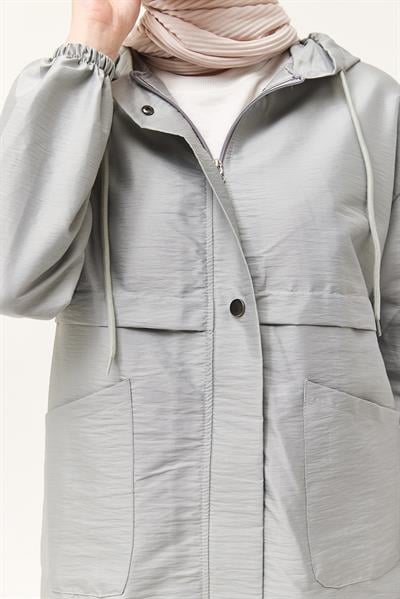 Çıtçıtlı Kapüşonlu Yağmurluk Gri