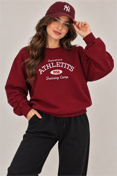 Kadın Yazı Nakışlı Bisiklet Yaka Şardonlu Sweatshirt Bordo
