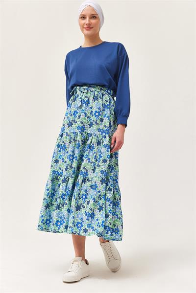 Çiçek Desenli Etekli İkili Takım Lacivert