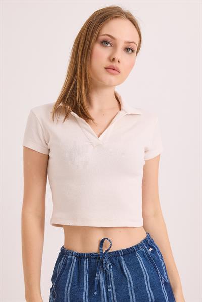 Polo Yaka Basıc Kısa Kollu Örme Kaşkorse Crop Bluz Ekru