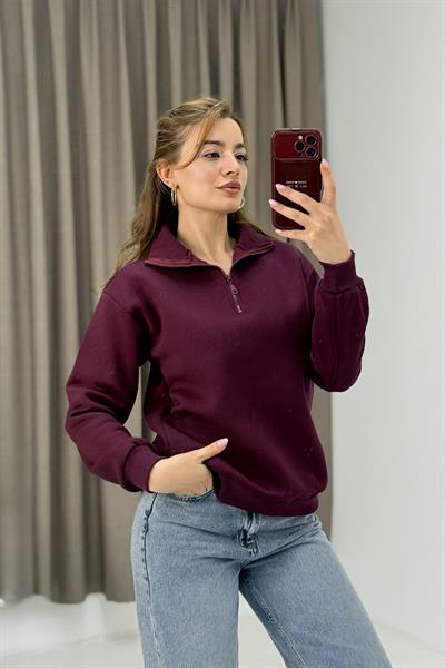 Kadın Mürdüm Yarım Fermuarlı Üç İplik Sweat 